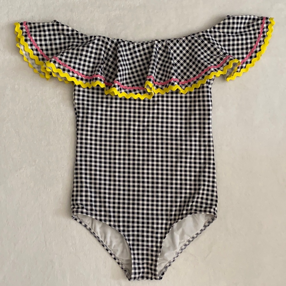 Nessi Byrd Kids | Gingham Off Shoulder Ruffle One Piece Swimsuit Black/White 14